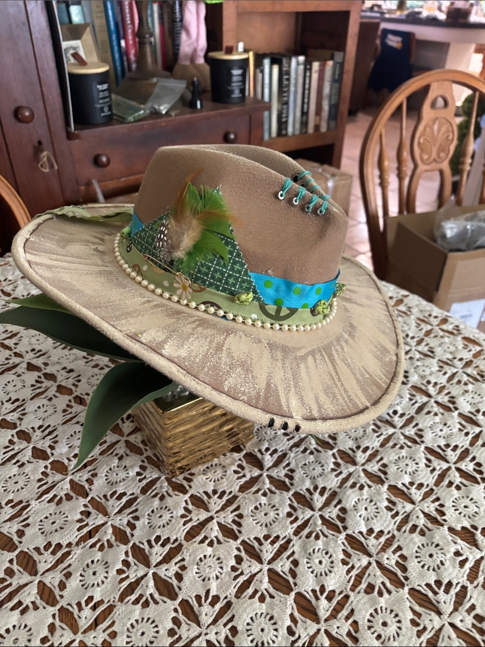 Women's Tan Felt Western Hat with Green Accent and Feather